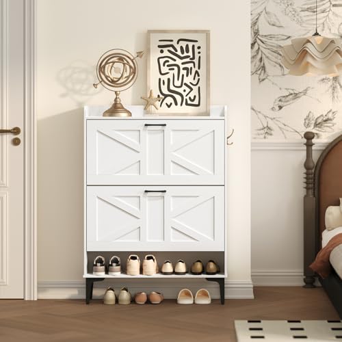 MAHANCRIS Shoe Storage Cabinet, Shoe Organizer with 2 Flip Drawers, Hidden Shoe Storage for Entryway, Freestanding Organizer with Open Storages, White SHWT9401 - color: White