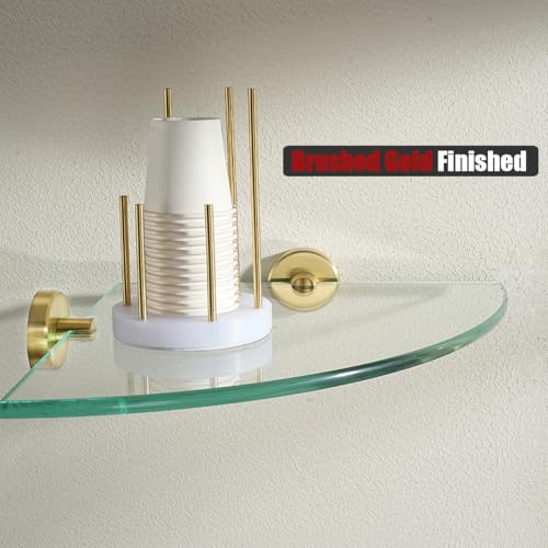 JQK Corner Glass Shelf, Brushed Gold Bathroom 304 Stainless Steel Shower Triangle Floating Wall Shelf, 10 x 10 Tempered Glass, 2 Pack TGS190L10-BG-P2 - color: Gold, size: 2 Pack