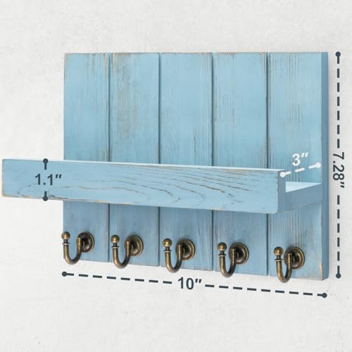 Rebee Vision Decorative Key Holder for Wall - Farmhouse Mail Organizer and Key Hanger Wall Mount for Floating Shelf with Hooks - Mid Century Home Decor Aesthetic (Distressed Blue,10-inch) - color: Distressed Blue, size: 10 Inch
