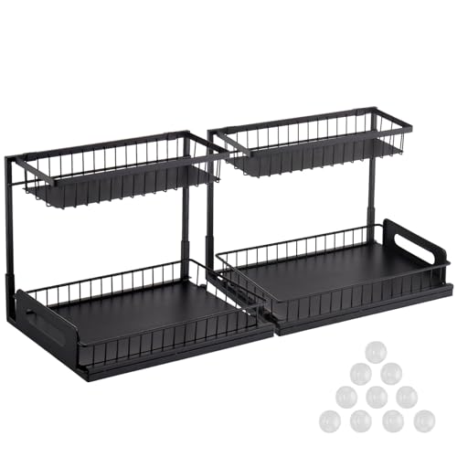 VEVOR Pull Out Cabinet Organizer, 2 Tier Under Sink Organizer and Storage(10.7"W x 14.2"D ), Slide Out Drawer Cabinet Organizer, Wire Basket Sliding Shelf for Kitchen Bathroom Cabinet, Black (2 Pack) - size: 10.7"W x 14.2"D (2 Pack)