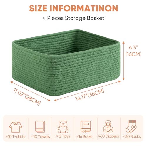 OIAHOMY 4 Pack 14.17*11.02*6.3IN Storage Baskets for Organizing Shelves, Woven Rope Baskets for Organizing Books, Clothes, Decorative Basket for Living Room, Nursery, Bedroom, Gift Basket, Green - color: Green