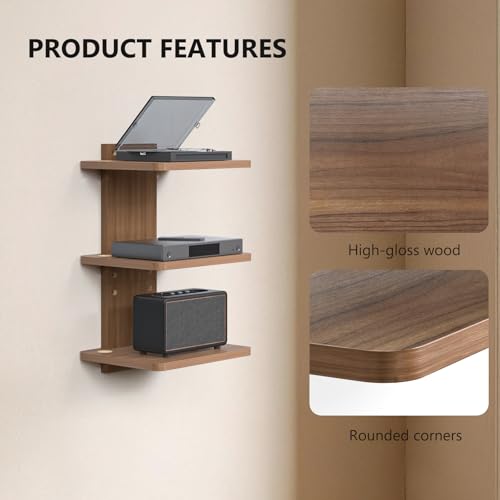WALI Floating TV Shelf, 3 Tier Projector Shelf for DVD Players, Routers, Game Consoles, Cable Boxes, Living Room Decor Accessories, Wall Mount Shelves Holds Up to 22lbs (CS303N), 3-Shelf, Walnut Brown - color: Walnut Brown, size: 13.78 x 11.02 Inch