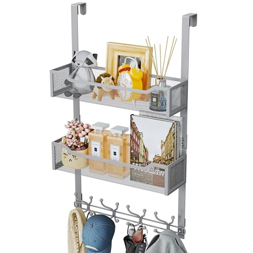 SWTYMIKI Over The Door Hooks Organizer - Multi-Functional Door Hanger with 16 Hooks & 2 Mesh Baskets, Long Coat Rack for Bathroom, Bedroom, Living Room, Home Storage Organizer, Gray - color: Gray