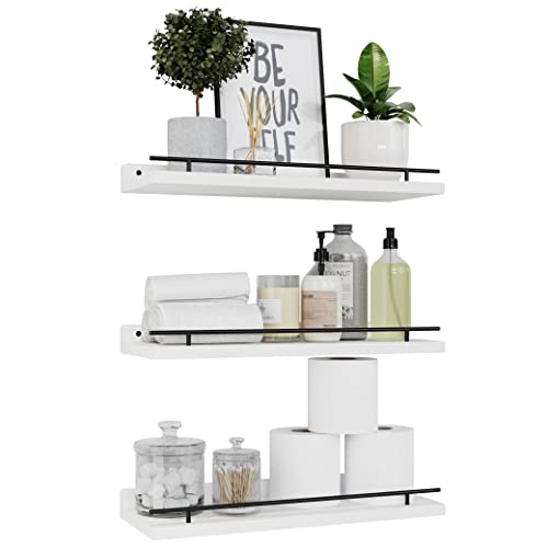 WOPITUES Floating Shelves with Black Metal Guardrail, Shelves for Wall Decor Set of 3, Wall Shelves for Bedroom, Bathroom, Kitchen, Living Room, Plants, Picture Frames, Art- Black and White - color: Black and White, size: 15.7 inch