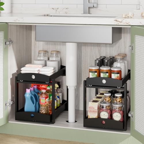 Bamboo Wood Under Sink Organizer 1 Pack, Pull Out Cabinet Organizer 2 Tier Under Sink Organizers and Storage with Sliding Drawer Sturdy Easy Assembly for Kitchen Bathroom Undersink (Black, 2 Packs) - color: Black