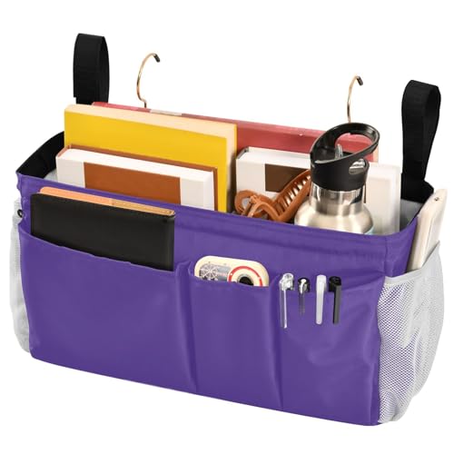 Dark Purple Bedside Caddy Storage Bag Bedside Organizer for Bunk Bed Headboards College Bedside Shelf Hanging Organizer 6 Pockets with Hooks for Magazine Water Bottle Holder - color: Dark Purple