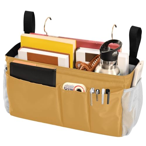 Mustard Yellow Bedside Caddy Storage Bag Bedside Organizer for Bunk Bed Headboards College Hanging Bag Bedside Shelf 6 Pockets with Hooks for Magazine Water Bottle Holder - color: Mustard Yellow