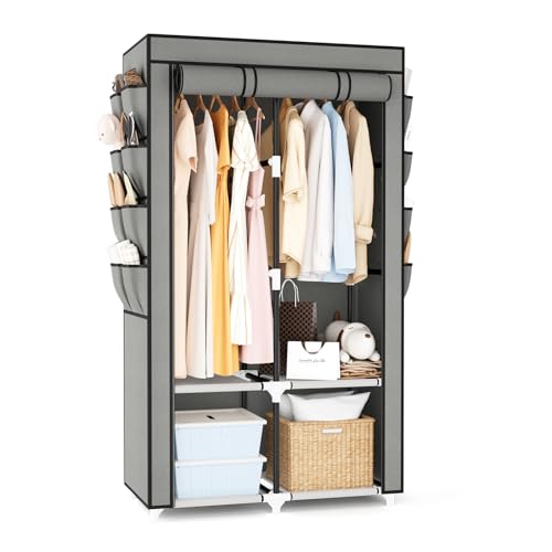 Portable Closet for Hanging Clothes, Portable Wardrobe Closet with Cover, 4 Storage Shelves, 2 Hanging Rods and 8 Side Pockets, Easy Assembly and Sturdy Free Standing Closet for Bedroom, Grey - color: Grey