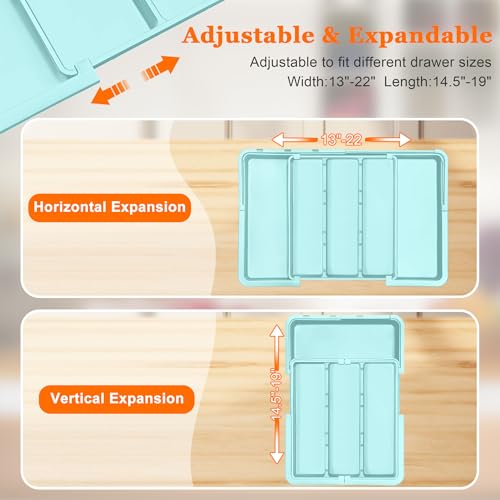Large Utensil Drawer Organizer Expandable Silverware Organizer for Kitchen Drawer Adjustable Cooking Utensil Holder Cutlery Flatware Tray Spatula Tools Gadgets Storage Dividers Plastic Turquoise - color: Turquoise