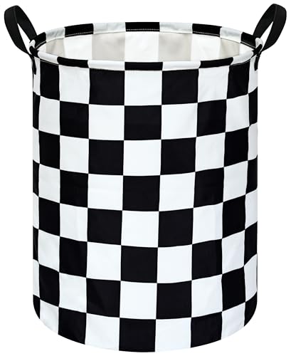 19.7 Inch Round Laundry Hamper Black Check Laundry Basket Fabric Storage Hamper Organization Basket, Storage Bin, Toy Box,Gift Basket with Handles for Room - color: Black Check