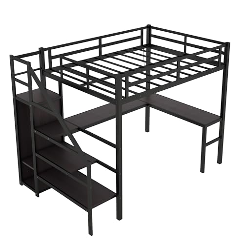 Bellemave Twin XL Loft Bed with Stairs and Storage, Metal Loft Beds Frame with Wardrobe and Safety Guardrails, Space Saving LED Loft Bed Twin Size for Kids & Teens, No Box Spring Needed, Black - color: Black, size: Twin XL