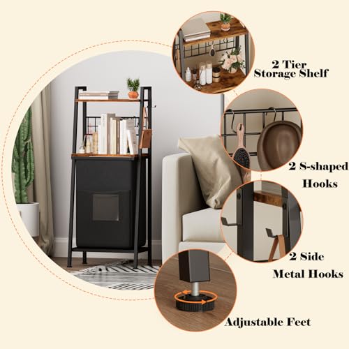 Furnulem Laundry Hamper, Vertical Laundry Basket with 2 Tiers Wooden Shelf and Hooks, Clothes Hamper with Pull-Out and Removable Bag for Bathroom, Bedroom, Dorm, 13.21 Gallons (50L) - size: 1-Bag Laundry Hamper