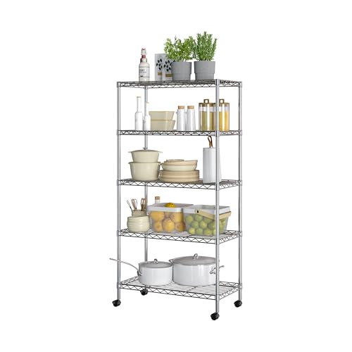Seville Classics 5-Tier Wire Shelving with Wheels, 5-Tier, 30"" W x 14"" D (NEW MODEL), Chrome Plating, Plated Steel - color: Plated Steel, size: 5-Tier, 30" W x 14" D (NEW MODEL)