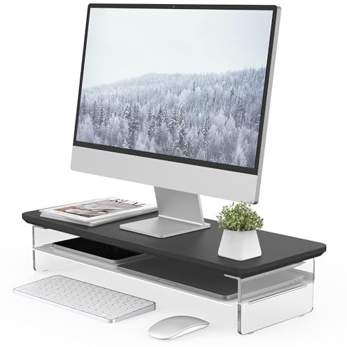 Fenge Acrylic Monitor Stand Riser, 23.6 Inches Monitor Stand with Metal Storage, 2 Tier Acrylic Computer Riser for Desk, Clear Laptop Stand for PC, Laptop, Printer, TV - color: Black, size: 23.6in