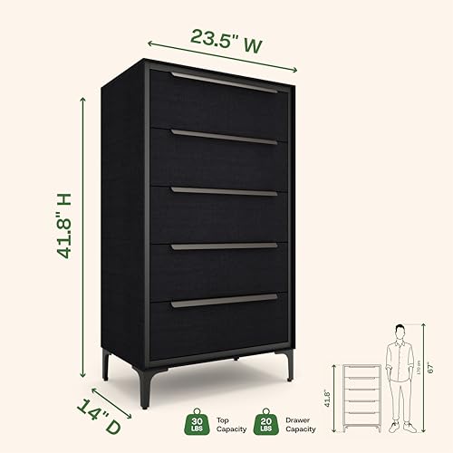 tinge Naima Premium Fabric Dresser - Strong Metal Frame, 5 Spacious Sag-Proof Drawers with Sleek Metal Handles - Premium & Durable Storage Solution for Your Home (Black) - color: Midnight Black, size: 14"D x 23.5"W x 41.8"H (5 Drawers)