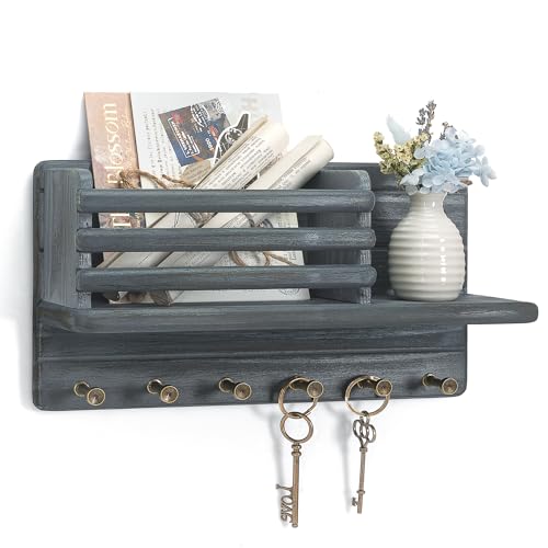 Rebee Vision Pine Wood Key Holder Wall Mount for Home Decor – Key Holder for Wall Mail Slot Can Store Letters & Files - 6 Hooks for Car Keys & Hats, Home Essentials (Royal Blue) - color: RoyalBlue