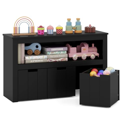 GLACER Toy Storage Organizer, Wooden Montessori Shelf with 3 Movable Drawers, Hidden Wheels, Toy Box for Boys and Girls, Kids Storage Organizer for Playroom, Nursery, Kindergarten, Living Room (Black) - color: Black