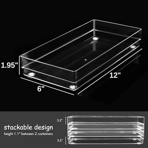 LotFancy Clear Plastic Drawer Organizer, 12’’ x 6” x 2’’, Set of 3 Drawer Storage Containers Bins for Dresser Cosmetics Makeup, Stackable - size: 12x6x2''