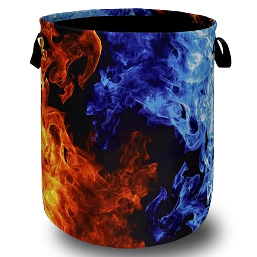 Red Blue Fire Flame Laundry Basket Foldable With Handles Cool Tote Bag Oxford Cloth Colorful Laundry Hamper Clothes Storage Bucket Toy Organizer For Bathroom/Laundry/Bedroom 18.9" x 16.5 " - color: Cool Red and Blue Fire Flame