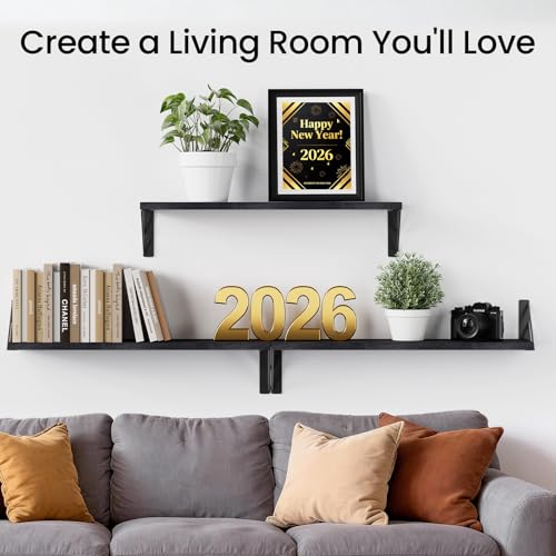 BAYKA Wall Mounted Floating Shelves, Wood Floating Wall Shelf for Books & Decor, Small Space-Saving Display & Organizer（Black，36in，Set of 3） - color: A. Black Board & Black Brackets, size: 36-inch Extended