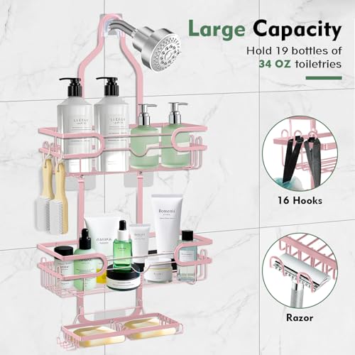 Shower Caddy Hanging, Over Head Shower Caddy Shower Storage Rack Basket with Hooks for Razor and Sponge Rustproof, No Drilling, Accessories for Bathroom and Kitchen, pink - color: Pink