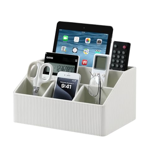 Remote Control Holder with 5 Compartments for Office Art Supplies, PU Leather Nightstand Organizer Pencil Pen Desk Caddy for Home, Desktop TV Remote Control Organizer Storage (Striped Ivory) - color: Striped Ivory