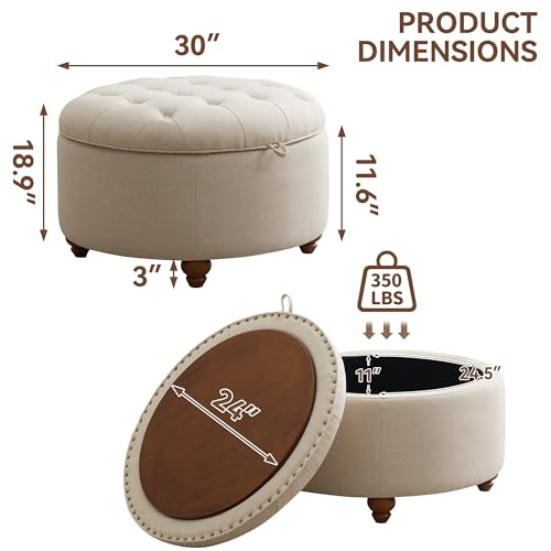 WUTUTUEE 30Inch Round Storage Ottoman with Tray, Modern Tufted Fabric Circle Coffee Table with Storage, Upholstered Ottoman with Removable Top for Living Room, Bedroom, Khaki - color: Khaki, size: 30 Inch