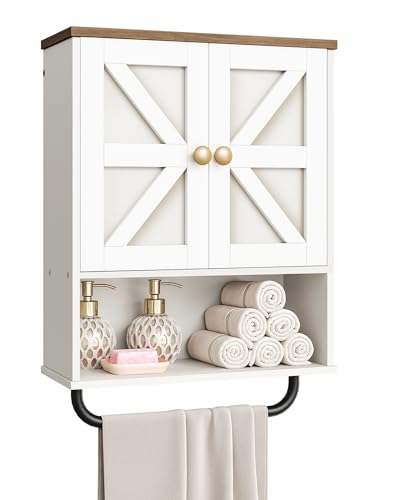 CHOEZON Bathroom Wall Cabinet, Medicine Cabinet with Open Partition and Towel Bar, Rustic Storage Cabinet with Open and Hidden Storage Space, for Bathroom, Living Room, Kitchen, White and Walnut - color: White and Walnut, size: 7.1"D x 18.9"W x 24.8"H