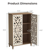 47" Tall Accent Cabinet with Carved Doors, Storage Cabinet with 3 Adjustable Shelves, Narrow Boho Farmhouse Sideboard for Entryway, Living Room, White&Natural