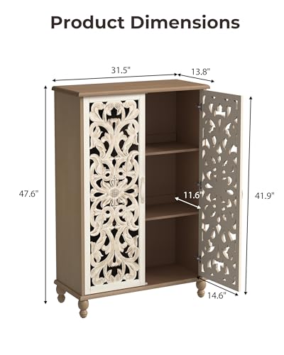 47" Tall Accent Cabinet with Carved Doors, Storage Cabinet with 3 Adjustable Shelves, Narrow Boho Farmhouse Sideboard for Entryway, Living Room, White&Natural