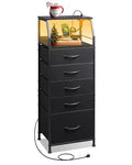 WLIVE LED Nightstand with Charging Station, Fabric Dresser with 5 Drawers for Bedroom, Tall Night Stand with Open Shelves, Bed Side Tables Living Room, Black - color: Black, size: 5 Drawers
