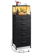WLIVE LED Nightstand with Charging Station, Fabric Dresser with 5 Drawers for Bedroom, Tall Night Stand with Open Shelves, Bed Side Tables Living Room, Black - color: Black, size: 5 Drawers