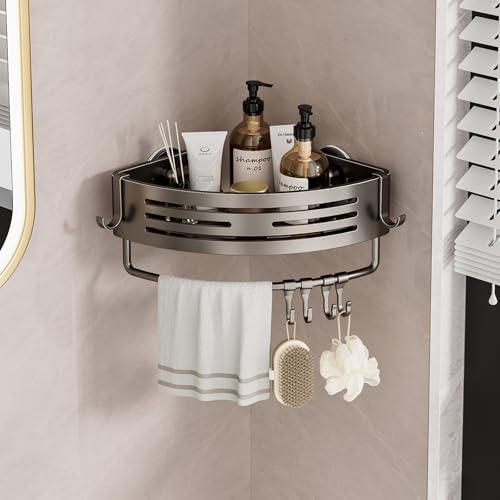 Shower Caddy Suction Cup, No Drilling Rustproof Bathroom Shower Shelf,Corner Shower Shelves with 6 Portable Hooks, Removable Bath Organizer with Towel Bar for Bathroom Hanging Storage - size: Triangular bathroom storage rack