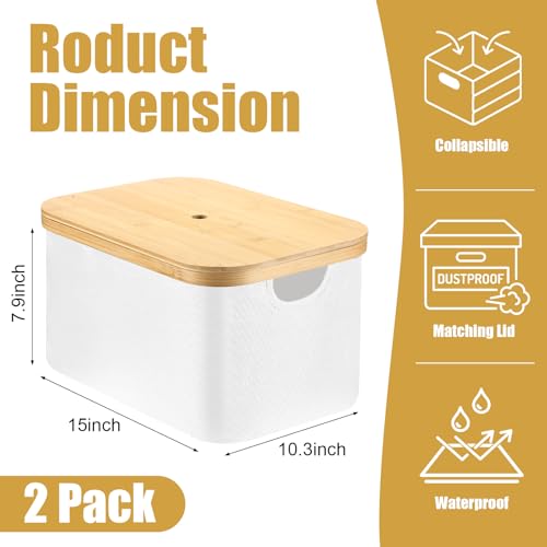 Novabright 2 Pcs Collapsible Storage Basket with Bamboo Lids 15" x 10" Foldable Fabric Storage Bins with Handles for Organizing Shelves Closet Laundry Room Bathroom Clothes Towel(White) - color: White
