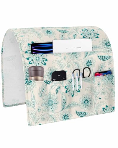 Sofa Armrest Organizer Bedside Caddy, Vintage Turquoise Floral Non Slip Couch Remote Control Holder for Recliner, Rustic Abstract Flower Burlap Arm Chair Caddy with Pocket for Magazine, 19.7"x35" - color: Turquoise, size: 19.7x35 in