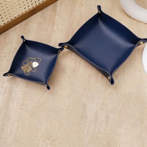 2 Size PU Leather Valet Trays,Square Desk Organizer Catchall Tray Set,Folding Travel Organizer,Jewelry Key Cosmetic Storage Tray for Entryway Dresser Desktop(Navy Blue) - color: Navy Blue