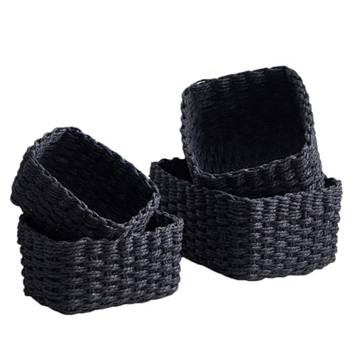 4PCS Woven Storage Baskets Set, Small Baskets for Organizing, Square Handwoven Paper Rope Organizer Bins for Shelves and Home Storage (Black) - color: Black