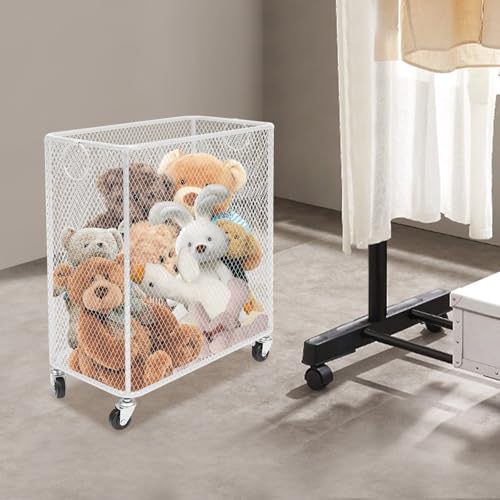 Metal Laundry Storage Cart - Slim, Mesh Wire Rolling Laundry Hamper with Wheels & Ring Handles, Clothes or Linen Storage Organizer Hamper Bin Laundry Basket, 9"L x 17"W x 18"H, White - color: White, size: Slim Rectangular - 9"W