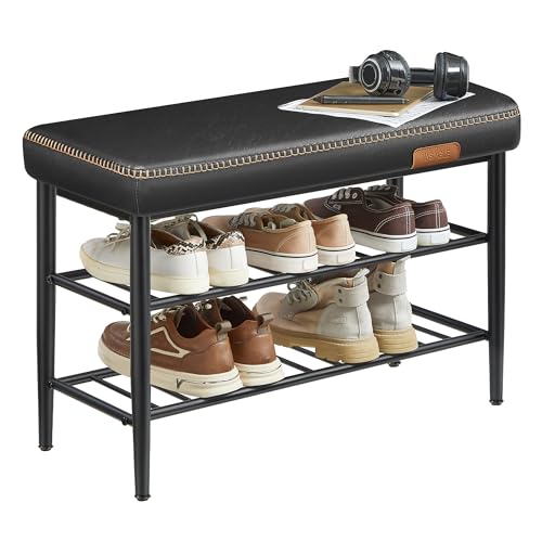 VASAGLE EKHO Collection - Shoe Rack Bench, Storage Bench for Entryway, Synthetic Leather with Stitching, Mid-Century Modern, Loads 300 lb, 11.8 x 31.5 x 19.7 Inches, Ink Black ULSB054B01 - color: Ink Black, size: 31.5"W
