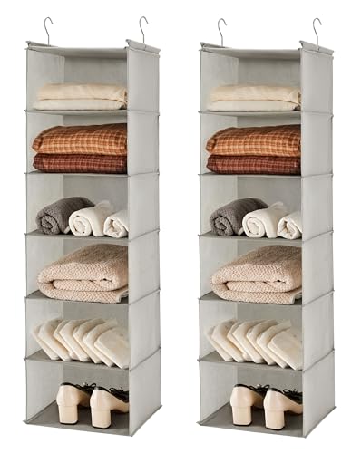 MAX Houser 6 Tier Shelf Hanging Closet Organizer, Closet Hanging Shelf with 2 Sturdy Hooks for Storage,2 Pack, Foldable (Light Grey) - color: Light Grey-2