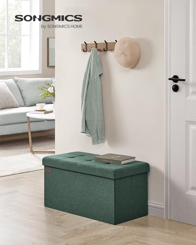 SONGMICS Mazie Collection - 30 Inches Folding Storage Ottoman Bench, Ottoman Foot Rest, End of Bed Bench, Storage Chest, Load 660 lb, for Living Room, Bedroom, Entryway, Retro Green ULSF047C01 - color: Retro Green, size: 15"D x 30"W x 15"H