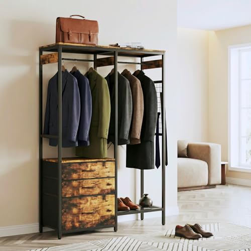 Heavy Duty Clothes Rack with 3 Drawers & LED Light, Garment Rack with 3 Shelves, Free Standing Wardrobe Organizer with 8 Hooks for Bedroom, Small Space, Garming Room（37.8"W x 66.93"H, Rustic Brown） - color: Rustic