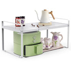 Expandable Cabinet Countertop Shelves, 11" Deep Cabinet Shelf Organizer Riser for Kitchen Pantry Cupboard Under Sink Countertop Organization Storage, Adjustable Metal Organizer Shelf with Nonslip Legs - size: 11"D*(14"~26")W*10“H