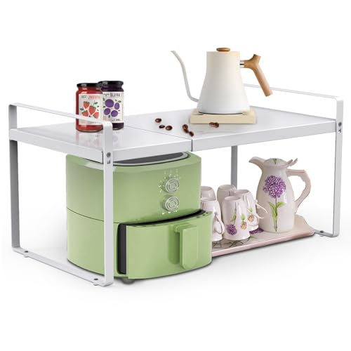 Expandable Cabinet Countertop Shelves, 11" Deep Cabinet Shelf Organizer Riser for Kitchen Pantry Cupboard Under Sink Countertop Organization Storage, Adjustable Metal Organizer Shelf with Nonslip Legs - size: 11"D*(14"~26")W*10“H