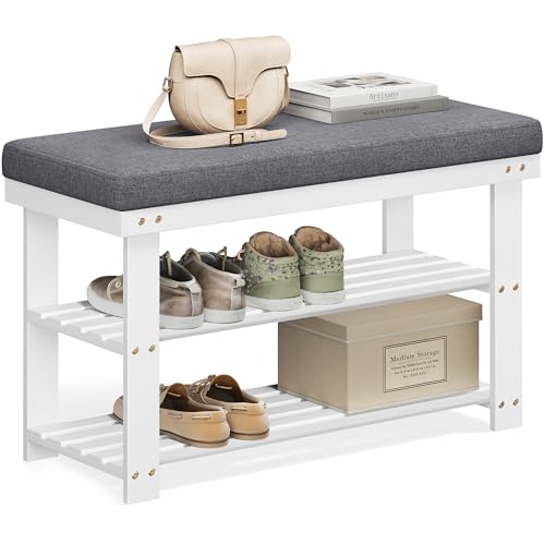 SONGMICS Bamboo Shoe Bench, 3-Tier Shoe Rack Organizer for Entryway, Living Room, Bench Seat Holds Up to 300 lb, 11.9 x 28.3 x 19.2 Inches, Cloud White and Slate Gray ULBS604W01 - color: Cloud White + Slate Gray, size: 28.3"W