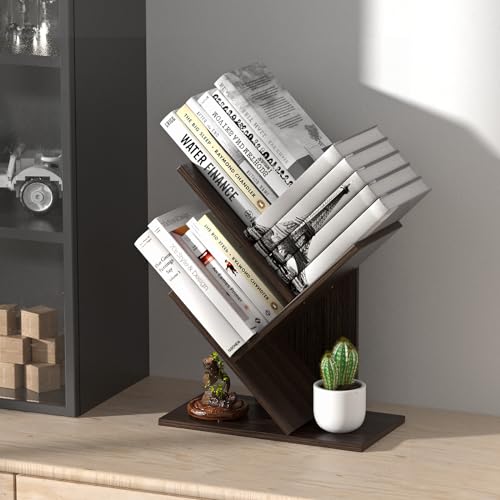 R RUISHENG 3 Tier Small Tree Bookshelf Desk Book Organizer Narrow Bookcases for Books Magazines CDs Free Standing Retro Wooden Storage Shelves for Home Office Bedroom Living Room Dark Walnut - color: Dark Walnut