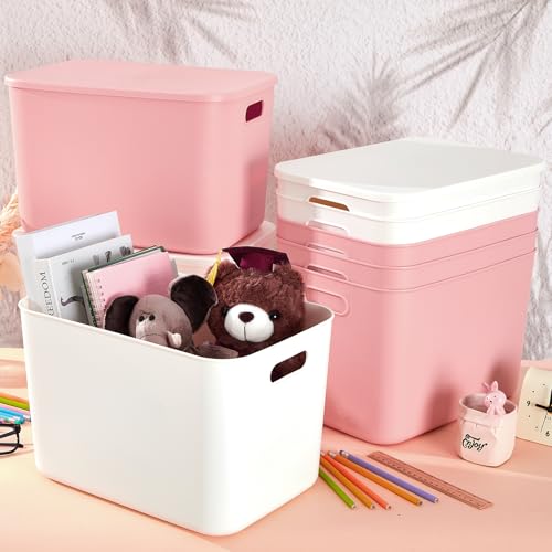 Hoolerry 8 Pieces Colorful Storage Bins with Lid, Plastic Storage Basket Organizing Container Stackable Box with Handle for Shelves Desktop Playroom Office(9.8 x 7.1 x 6.3 Inch,White and Pink) - color: White and Pink, size: 9.8 x 7.1 x 6.3 Inch