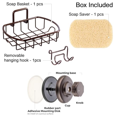HASKO Suction Cup Soap Dish for Shower Wall, Rustproof Stainless Steel, Shower Soap Holder with Hooks, Includes Optional No Drill Adhesive Mount for Bathroom and Soap Saver, Bronze - color: Bronze