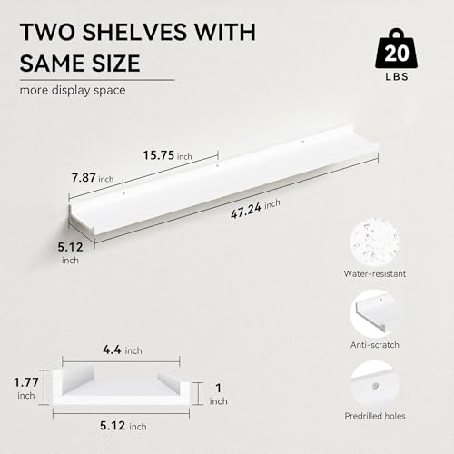 Boswillon 47.2 Inches Long Floating Shelves, 2 Set Modern Wall Shelf for Bedroom, Nursery Book Shelf with Lip, Picture Ledge Shelf for Wall Decor Living Room Bathroom Kitchen - White - color: White, size: 47.2 in