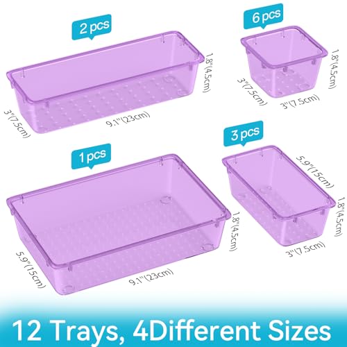 ElegantArray 12-Piece Drawer Organizer Set, 4 Sizes Versatile Plastic Vanity Organizer for Makeup, Stationery, Gadgets, in Kitchen, Bathroom, Office, and Bedroom, Purple - color: Purple, size: 12 PCS